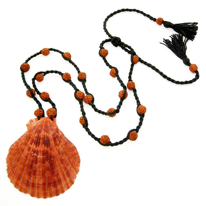 Seashell Seep Pendant And Rudraksha Necklace, Real Natural Sea Shell Necklace, Scallop Shell Pendant with Rudraksha Beads Black Cord Necklace