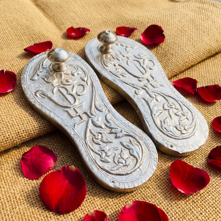 Silver Charan Paduka, Wooden Khadau with Silver Foil, Lakshmi Charan, Paduka for Temple Pooja, Hand Engraved Charan Paduka, Gift for Saints