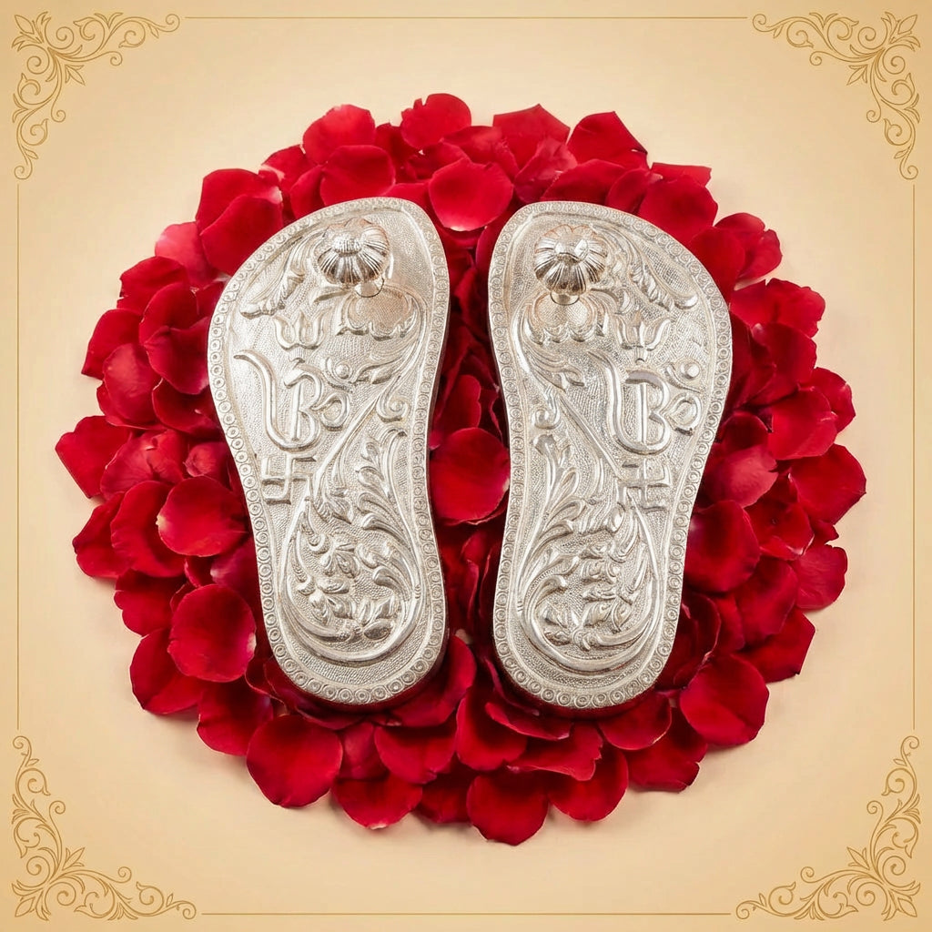 Silver Charan Paduka, Wooden Khadau with Silver Foil, Lakshmi Charan, Paduka for Temple Pooja, Hand Engraved Charan Paduka, Gift for Saints