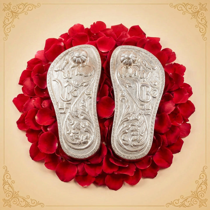 Silver Charan Paduka, Wooden Khadau with Silver Foil, Lakshmi Charan, Paduka for Temple Pooja, Hand Engraved Charan Paduka, Gift for Saints