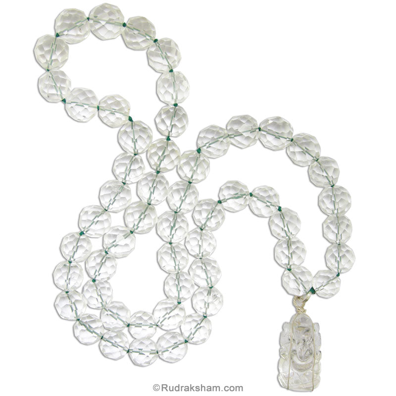 Sphatik / Crystal Mala Kantha with Sphatik Conch Shell Pendant in Silver | Round Cut Stone Crystal Kantha Mala with Crystal shell Silver Pendant 54 Beads 