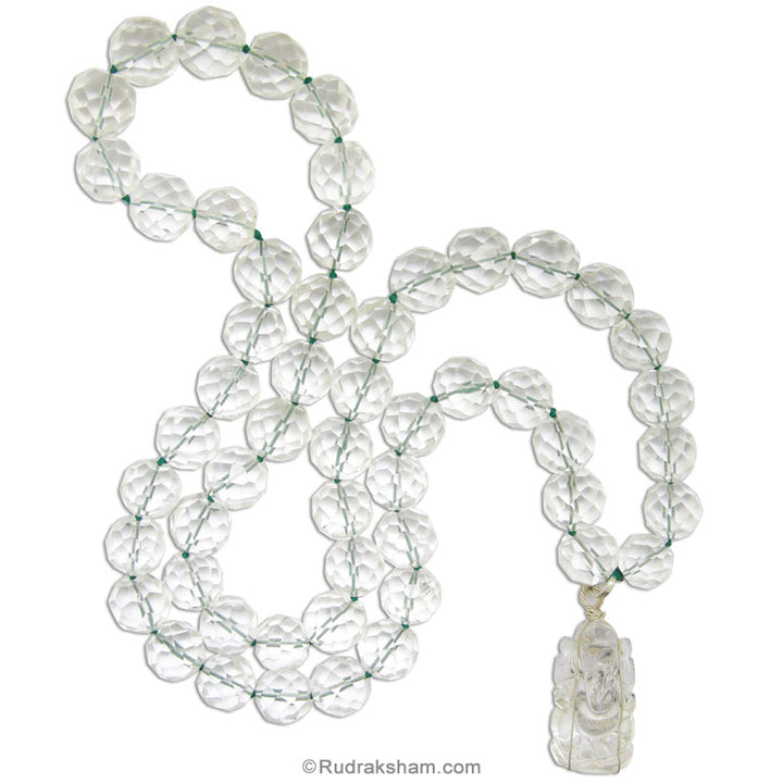 Sphatik / Crystal Mala Kantha with Sphatik Conch Shell Pendant in Silver | Round Cut Stone Crystal Kantha Mala with Crystal shell Silver Pendant 54 Beads 
