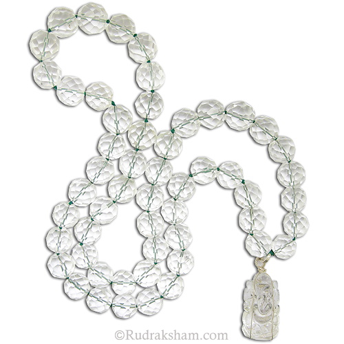 Sphatik / Crystal Mala Kantha with Sphatik Conch Shell Pendant in Silver | Round Cut Stone Crystal Kantha Mala with Crystal shell Silver Pendant 54 Beads 