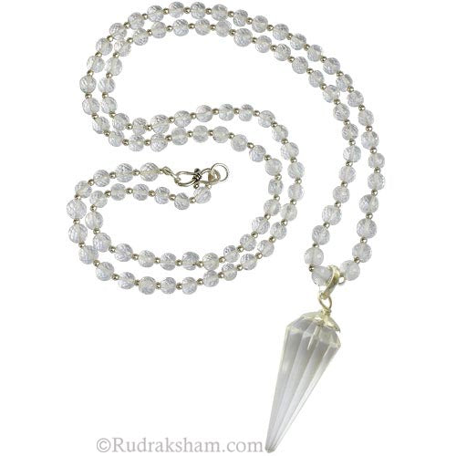 Sphatik Mala with Pendulum | Crystal / Quartz Diamond Cut Round Beads Necklace with faceted Dowsing Pendulum | 108 Crystal Beads with silver spacers