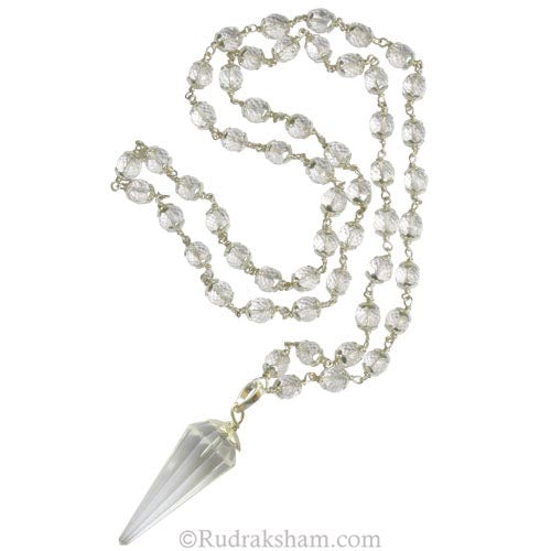 Diamond Cut Sphatik Mala with Pendulum | Crystal / Quartz Cut stone Round Beads Necklace with faceted Dowsing Pendulum | 54 Crystal Beads with Silver caps & Links