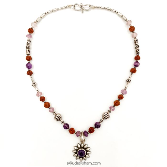 Amethyst Mala Necklace | Rudraksha, Cutstone Amethyst Beads with smooth Round Shaped Amethyst Beads, Amethyst Sun Pendant 14 inches Necklace with silver Accessories
