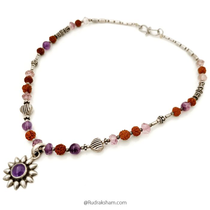 Amethyst Mala Necklace | Rudraksha, Cutstone Amethyst Beads with smooth Round Shaped Amethyst Beads, Amethyst Sun Pendant 14 inches Necklace with silver Accessories