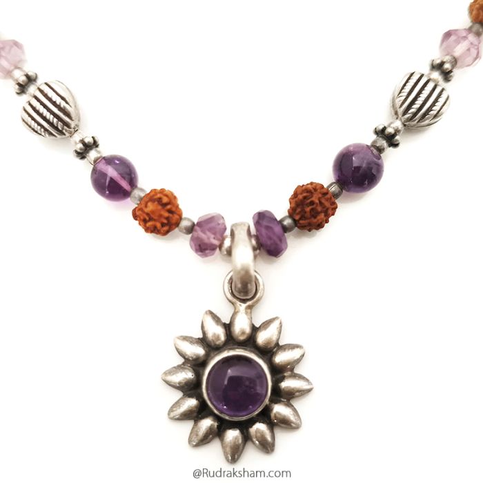 Amethyst Mala Necklace | Rudraksha, Cutstone Amethyst Beads with smooth Round Shaped Amethyst Beads, Amethyst Sun Pendant 14 inches Necklace with silver Accessories