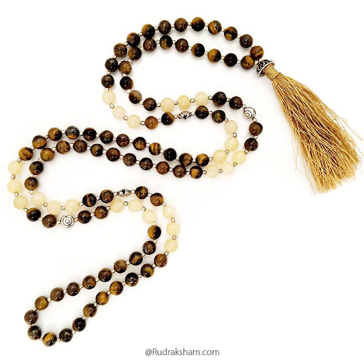 Tiger Eye and Yellow Aventurine Beads Necklace, Plain Round Gemstone Beads mala with Silver accessories and tassel