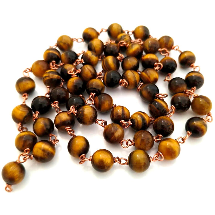 TIGER EYE STONE MALA IN COPPER, ORIGINAL TIGER EYE ROUND 54 + 1 BEADS PRAYER ROSARY | RAHU MALA | TIGER EYE GEMSTONE CHAKRA MALA