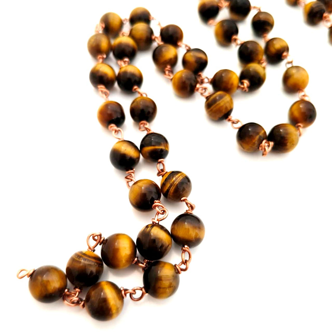 TIGER EYE STONE MALA IN COPPER, ORIGINAL TIGER EYE ROUND 54 + 1 BEADS PRAYER ROSARY | RAHU MALA | TIGER EYE GEMSTONE CHAKRA MALA