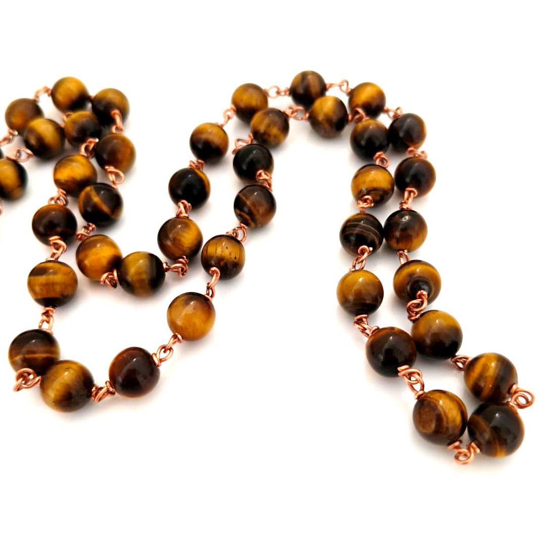 TIGER EYE STONE MALA IN COPPER, ORIGINAL TIGER EYE ROUND 54 + 1 BEADS PRAYER ROSARY | RAHU MALA | TIGER EYE GEMSTONE CHAKRA MALA