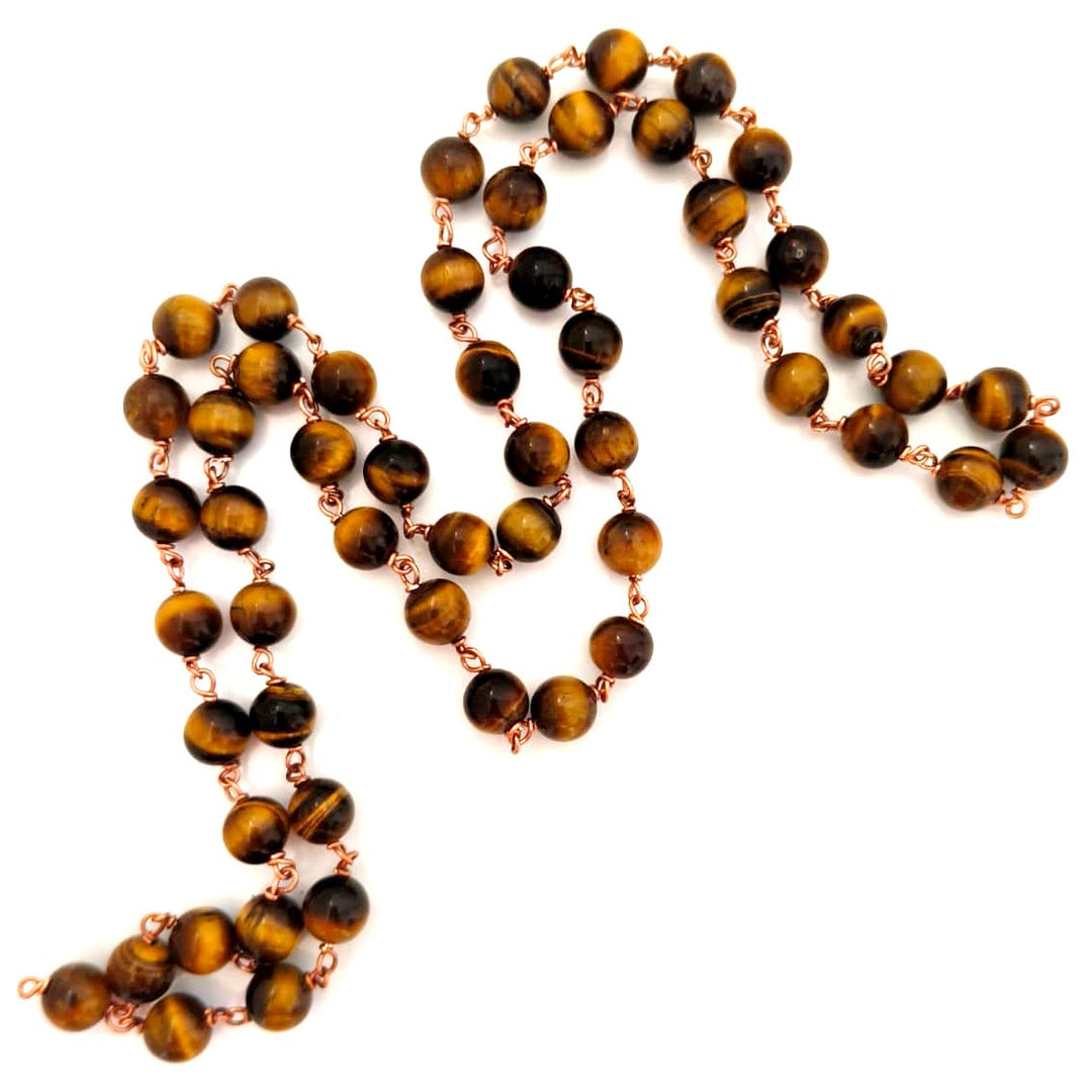 TIGER EYE STONE MALA IN COPPER, ORIGINAL TIGER EYE ROUND 54 + 1 BEADS PRAYER ROSARY | RAHU MALA | TIGER EYE GEMSTONE CHAKRA MALA