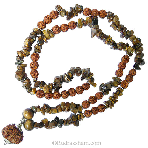  Tiger Eye Mala for Ketu | Rudraksha Beads and Tiger Eye Gemstone Beads Mala Necklace with 9 Mukhi Rudraksha Pendant in Silver