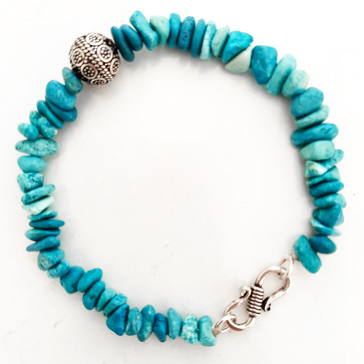 Turquoise Stone Beads Bracelet with Large Silver Bead and Clasp, Blue Turquoise Gemstone Beads Bracelet
