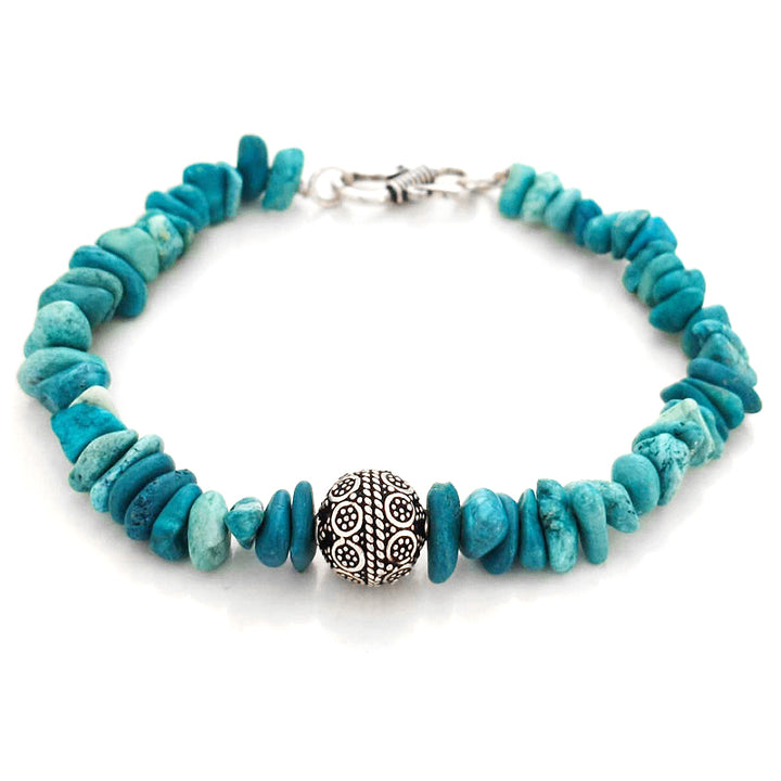 Turquoise Stone Beads Bracelet with Large Silver Bead and Clasp, Blue Turquoise Gemstone Beads Bracelet