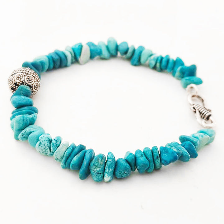 Turquoise Stone Beads Bracelet with Large Silver Bead and Clasp, Blue Turquoise Gemstone Beads Bracelet