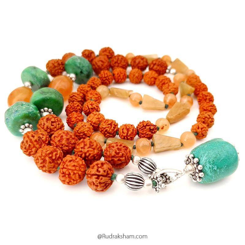 Green Turquoise, Orange Agate, Orange Carnelian Gemstone, Rudraksha Beads Necklace with silver Accessories | Large Green Turquoise Bead Pendant