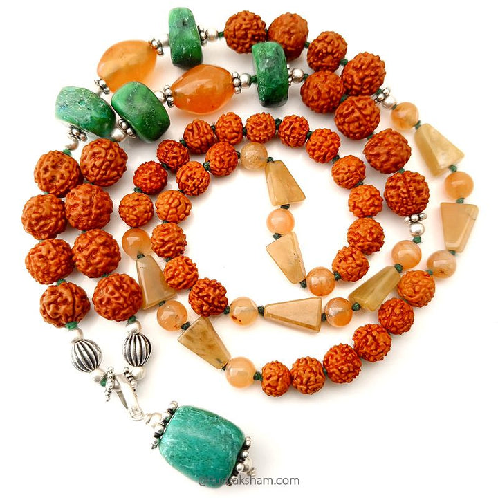 Green Turquoise, Orange Agate, Orange Carnelian Gemstone, Rudraksha Beads Necklace with silver Accessories | Large Green Turquoise Bead Pendant