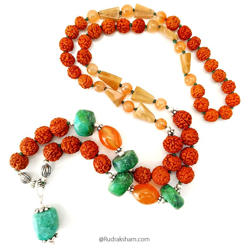 Green Turquoise, Orange Agate, Orange Carnelian Gemstone, Rudraksha Beads Necklace with silver Accessories | Large Green Turquoise Bead Pendant