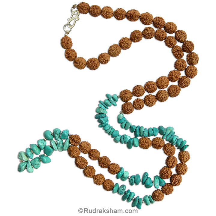 Blue Turquoise Chips stone Beads and Rudraksha Beads Necklace with Silver Accessories