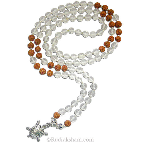 Rudraksha Sphatik Mala with Tortoise Silver Pendant | Diamond Cut Crystal Quartz Mala with Silver accessories