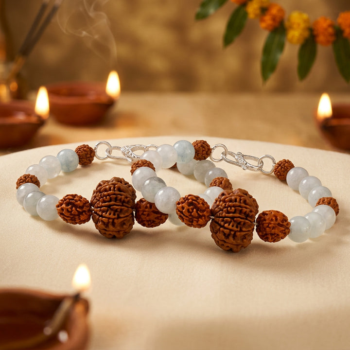 Vaani Shuddhi Bracelet: 10 Mukhi & 4 Mukhi Rudraksha with Aquamarine for Truth & Calm Communication