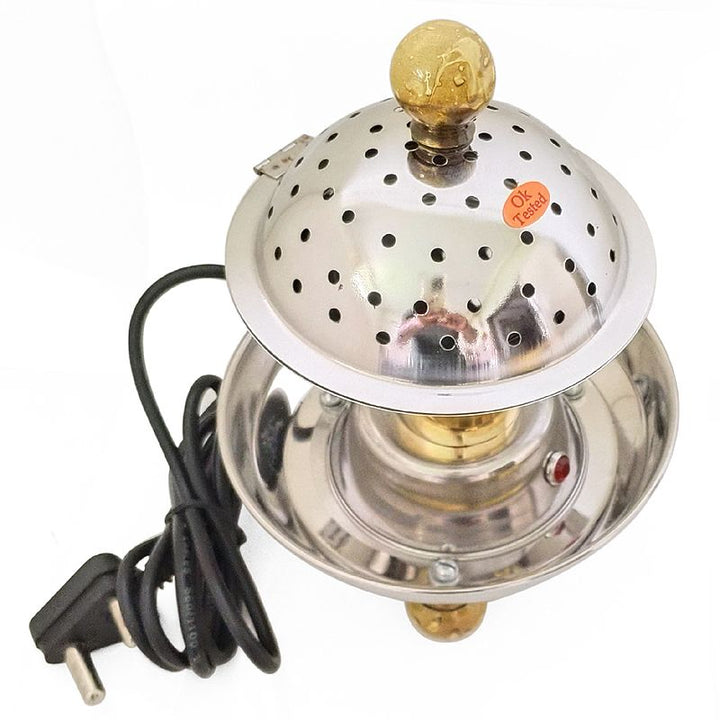 Electric Steel Bakhoor Burner | Electric Dhoop Dani | Loban Dhoop Burner with Wooden Stand | Incense Burner