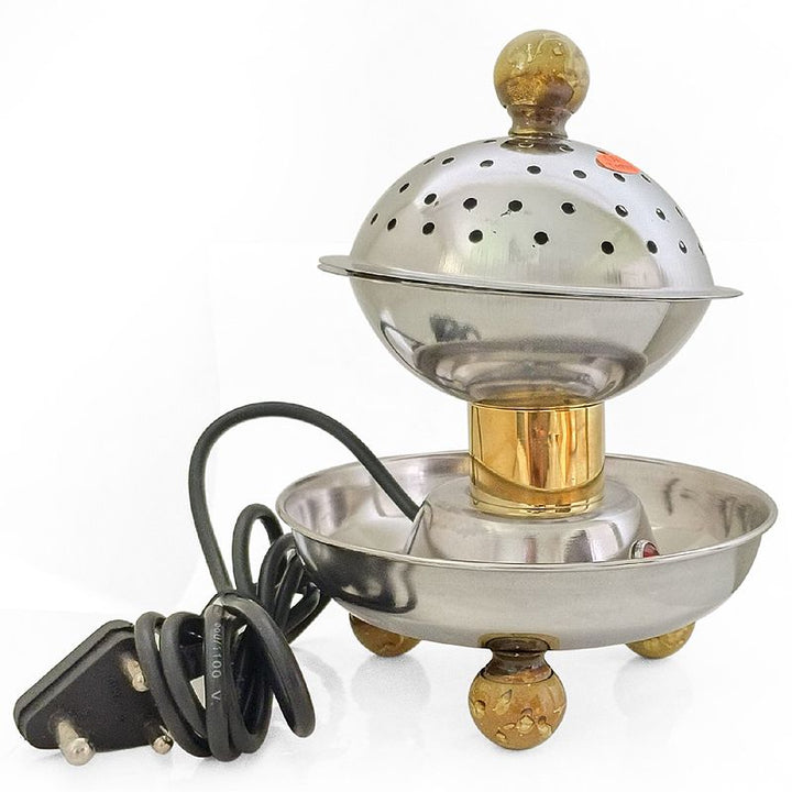Electric Steel Bakhoor Burner | Electric Dhoop Dani | Loban Dhoop Burner with Wooden Stand | Incense Burner