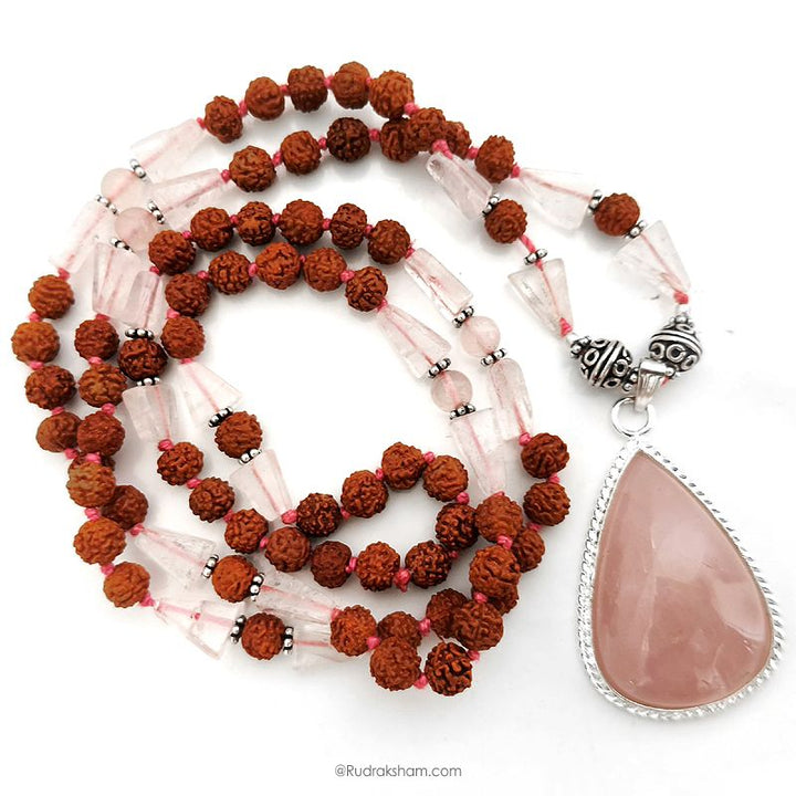 Rose Quartz and Rudraksha Beads Necklace | Pink Rose Quartz Triangle - Round Beads with Pear shaped Pendant with Silver Accessories