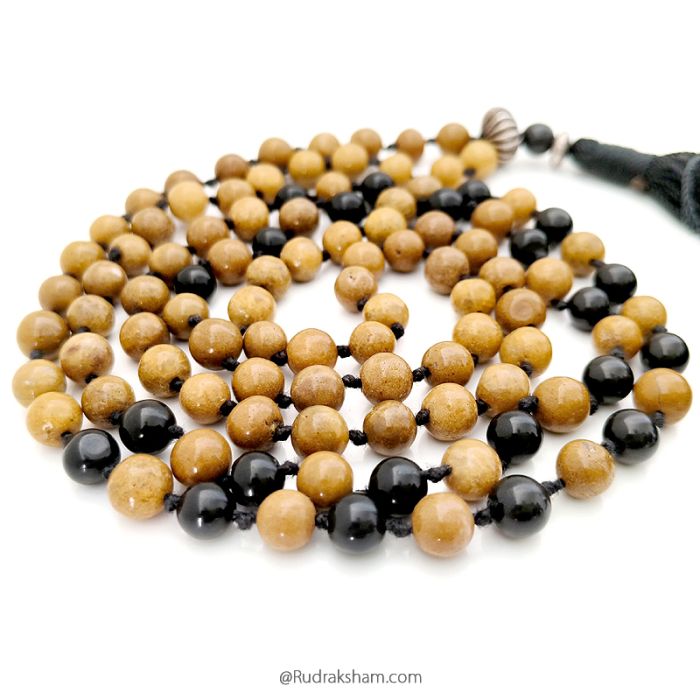 Natural Black Agate and Camel Agate Hakik Mala | Original Agate (Kali Hakik) Stone Necklace with Silver Bead and Tassel