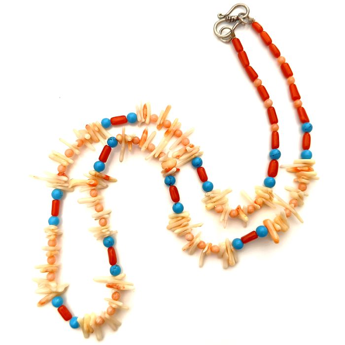 Coral and Blue Turquoise Stone Necklace, Light Orange Coral Chips and Smooth Round Beads - Red Coral Pipe Shaped Beads Necklace with Silver Hook, Moonga Mala
