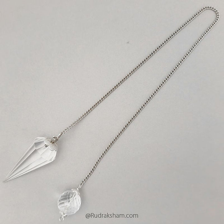 Sphatik Pendulum with Silver Chain | Crystal Quartz Dowsing Pendulum | Crystal - Quartz faceted Pendulum With Silver Cap and Chain
