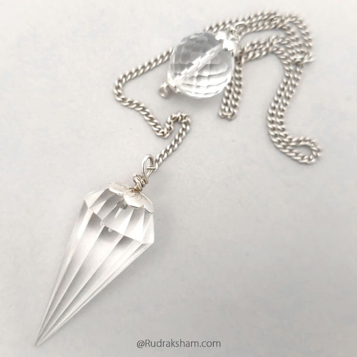 Sphatik Pendulum with Silver Chain | Crystal Quartz Dowsing Pendulum | Crystal - Quartz faceted Pendulum With Silver Cap and Chain