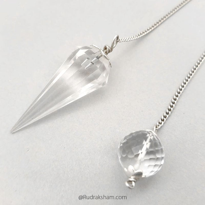 Sphatik Pendulum with Silver Chain | Crystal Quartz Dowsing Pendulum | Crystal - Quartz faceted Pendulum With Silver Cap and Chain