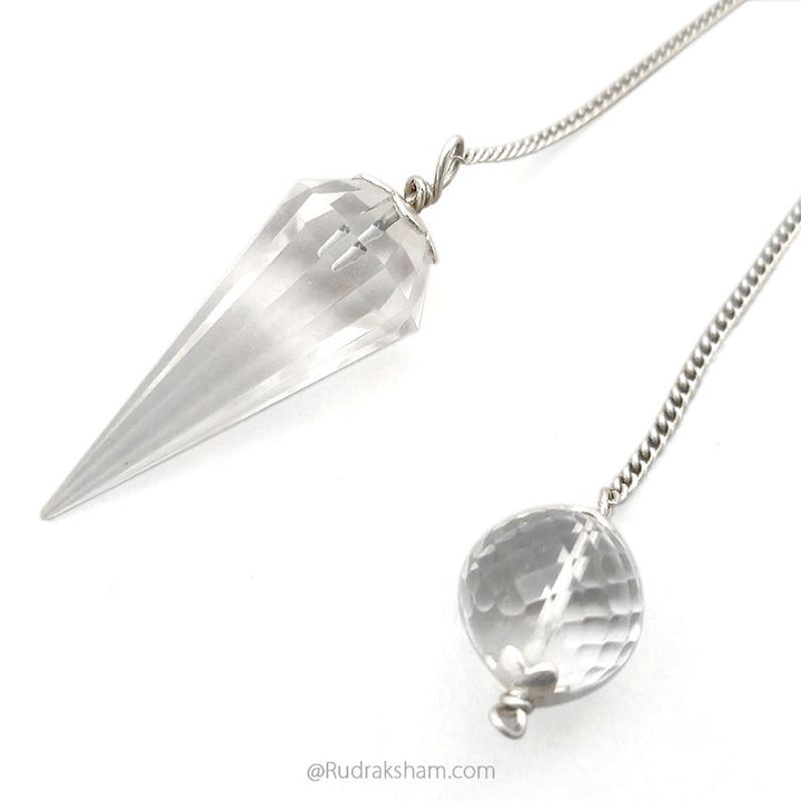 Sphatik Pendulum with Silver Chain | Crystal Quartz Dowsing Pendulum | Crystal - Quartz faceted Pendulum With Silver Cap and Chain