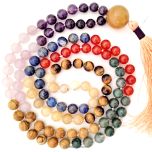 Chakra Mala Rosary In Thread | Gemstone Healing Chakra Mala Necklace | Rose Quartz, Orange Carnelian, Amethyst, Camel Agate, Moss Agate, Lapis Lazuli, Yellow Aventurine, Tiger Eye Beads