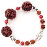  Aries Zodiac Sun Sign Bracelet | Mesha ( Mesh ) Rashi Bracelet | A Combination of 3 Mukhi Rudraksha and 5 Mukhi Rudraksha with Coral Gemstone Beads in Silver | Energised Bracelet