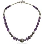 Amethyst Mala Necklace | Cutstone Amethyst Beads with Round Button Shaped Amethyst Beads, 15 inches Necklace with silver Accessories 