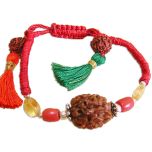 Pisces Zodiac Sun Sign Wrist Band | Meen ( Meena ) Rashi Thread Bracelet | A Combination of 3 Mukhi Rudraksha Bead with Red Coral & Golden Topaz Gemstone Beads in Silver | Energised Mala Bracelet