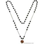  Natural Black Agate ( Kali Hakik ) 54 Beads Mala Necklace with Silver Chain | Black Hakik Smooth Round Beads Necklace with 5 Mukhi Rudraksha Silver Pendant