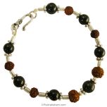 Black Hakik - Agate Gemstone and Rudraksha Beads Bracelet with silver Accessories | Kali Hakik smooth round beads