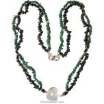 Natural Black Tourmaline Chips Beads and Malachite Chips Beads Necklace with a Large Plain Crystal Bead | Black Tourmaline and Malachite Stone Beads Mala Necklace