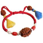 Cancer Zodiac Sun Sign Wrist Band | Kark ( Karka ) Rashi Thread Bracelet | A Combination of 2 Mukhi Rudraksha Bead with Pearl & Red Coral Gemstone Beads in Silver | Energised Mala Bracelet