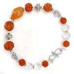 Carnelian Gemstone - Sphatik Beads - Rudraksha Beads Bracelet | Diamond Cut Crystal / Quartz Round Beads, Faceted Carnelian Stone Bead hand Bracelet, Designer Bracelet