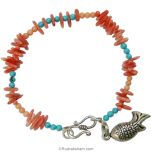 Coral Moonga and Turquoise Gemstone Bead Bracelet with Silver Fish Pendant