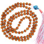 Rudraksha Beads Rose Quartz Crystal Beads and Blue Onyx Gemstone Bead Healing Mala Necklace | 108 Smooth Round Beads Chakra Mala Rosary Hand knotted with Multicolored Silk Tassel