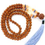 Rudraksha Beads, Lapis Lazuli Button Gemstone Beads, Orange Carnelian Gemstone Beads and Citrine Cut stone Gemstone Beads Healing Mala Necklace with 5 ( Paanch / Five ) Mukhi Rudraksha Bead as Sumeru | Chakra Mala Rosary