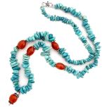 Orange Carnelian Gemstone Beads - Blue Turquoise Chips Beads Stone Necklace with silver Accessories 