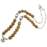 Natural Camel Agate Gemstone Necklace | Yellow Camel Agate ( Hakik ) Smooth round Beads mala Necklace with silver accessories